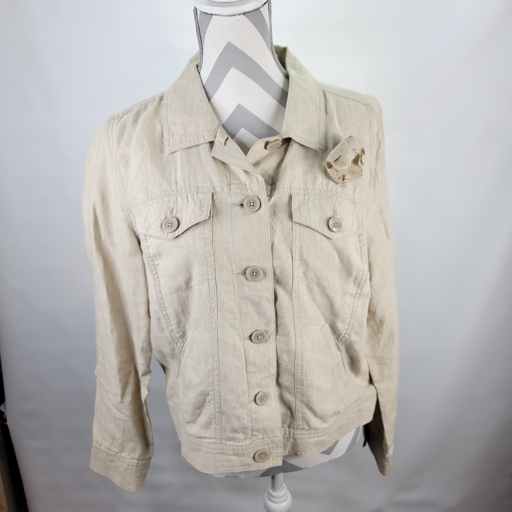Linden Hill Linen Cropped Beige Buttons Jacket Flower Pin Size Med Minimalist